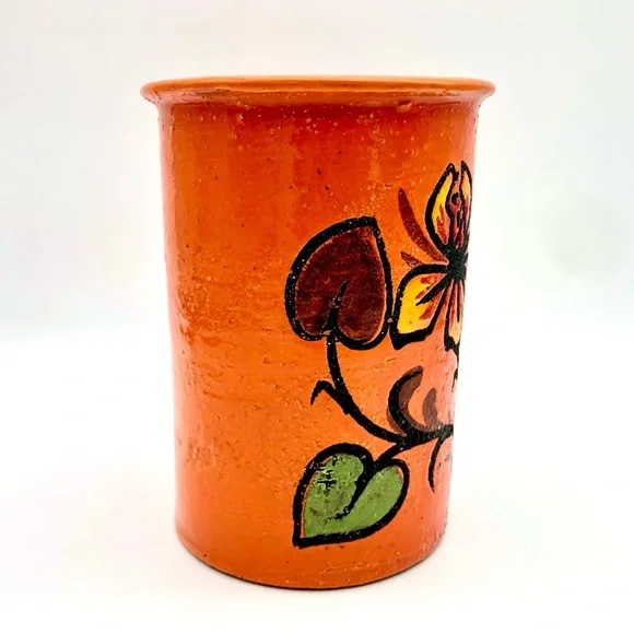 Italian Pottery Wine Crock Vase Atomic Orange Textured Lava Lily Flower Italy